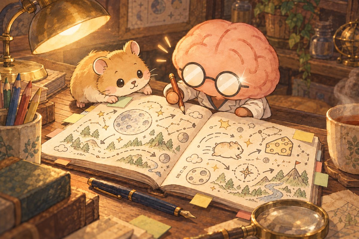 ランプの下で攻略ノートに書きこむミソマルと、ノートの端からのぞきこむふみまる。