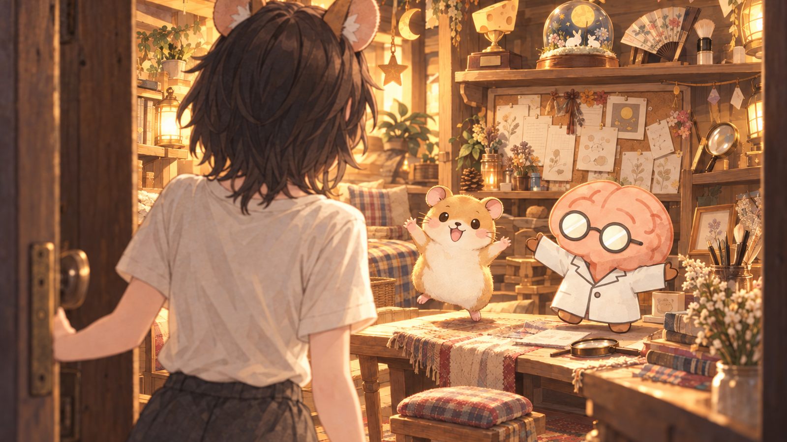 ゲームラボの扉を開けたけいかの背中ごしに、両手を広げて迎えるふみまるとミソマル。