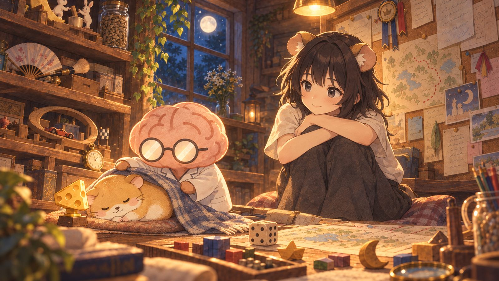 夜のゲームラボ。眠ったふみまるにミソマルが毛布をかけ、けいかが座って見守っている。