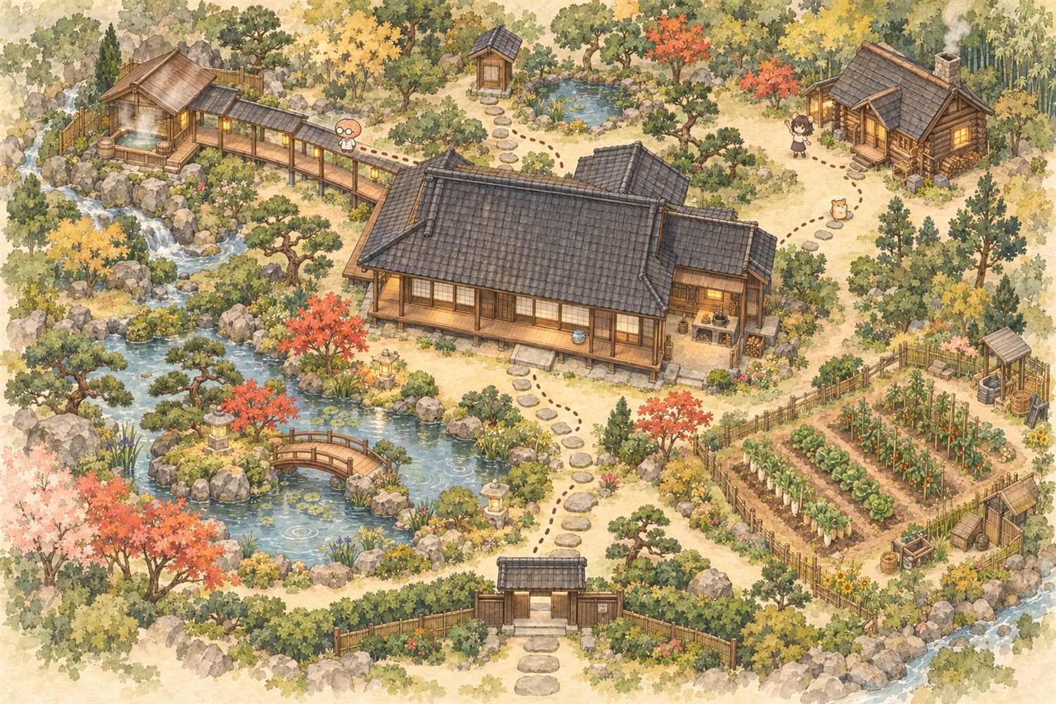 心野まるっとラボの敷地を上から見た絵地図。中央に瓦屋根の主屋、北東にログハウスの研究室、南に池と木の橋、南東に畑。