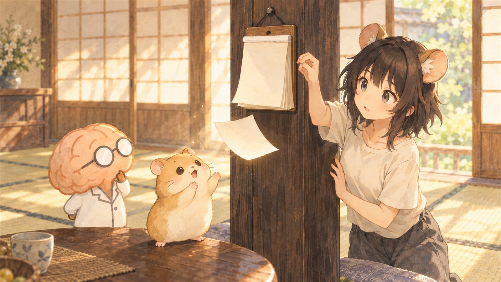 古民家の柱に掛けた日めくり。けいかが破った1枚が光を受けて宙を落ちていく。机の上のふみまるが両手を上げて喜び、少し離れたミソマルが静かに手を上げている。