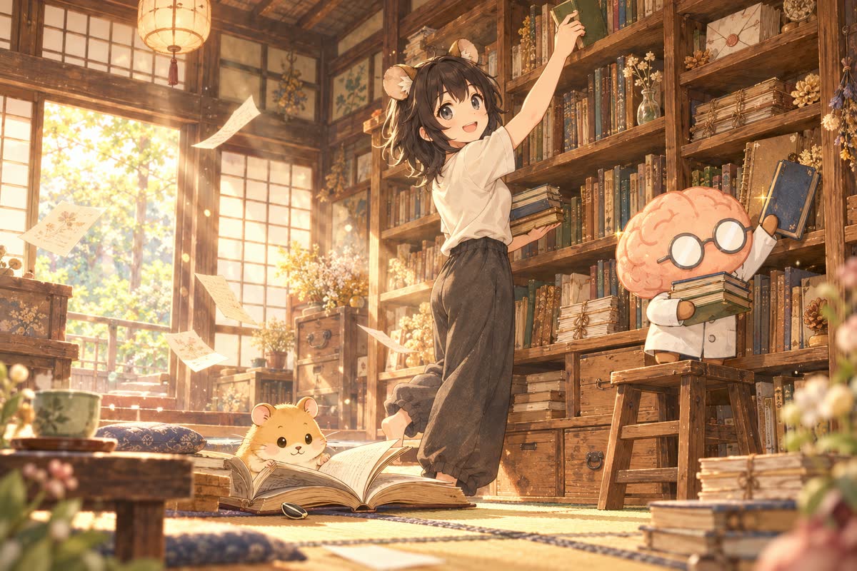 古民家の座敷の本棚。本を取るけいか、大きな本を読むふみまる、本を掲げるミソマル。